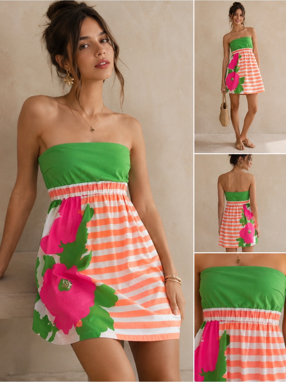 Lilly Pulitzer Strapless Floral & Stripe Dress | Size Medium